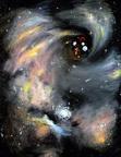 Gnab Gib -- Gnab Gib is big bang backwards. The current end-of-the-universe theory in which everything goes back to the small particle of infinite energy from which it began. I show the great religions of the world, bloodied from still fighting for billions of years hence, going down the black hole with the earth and galaxies. Painting canvas is warped concave into the black hole in 3-D.
