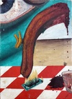 The Hangover - 1955 (NFS) -- My first painting, 1955. Done in a Greenwich Village factory loft apartment I sublet from an artist. I asked her about all the tubes of paint and canvases and she said to paint all I want. For an extra touch of feng shui, she also left a functioning trapeze.