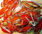 Crab Seance (SOLD) -- This is a meeting after death of Lake Pontchartrain crabs. True crab lovers relish the yellow fat. When crabbing at the N.O. lakefront an occasional visitor who had no knowledge of crabology would ask how to cook them. We always told them you have to cut off their heads before cooking them. When asked "Where's their head," we replied three inches above their tail. We were eaily amused in those days.