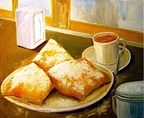 Morning Call (SOLD) -- Caffe Au Lait and beignets. Dust the powdered sugar from your evening clothes and have an early morning calorie binge at the Cafe Du Monde or Morning Call coffee stand. It's the Mardi Gras Season.