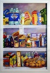 Nawlins Pantry -- I have been asked "Where are the Tabasco, ketchup and horseradish?" Actually, these are in the refrigerator which could be the subject of another painting. I would, however, run the risk of exposing the alien life forms that may have mutated in long forgotten leftovers in the back rows.