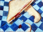 P B and J (NFS) -- Classic 1960's cuisine. Made with wonder bread. This fare helps put your dentist's kids through college. The sandwich and wrapper were supplied by United Hospital in Saint Paul, MN. Painted outside on the front porch of Randy's house. (Was Bob's first painting after starting dialysis in August 2019).
<a href=https://www.artbyviosca.com/piwigo/index.php/tags/511-p_b_and_j><u>Related Art and Photos</u></a>