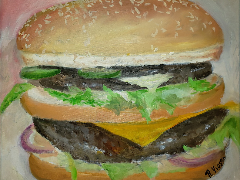 You Wnat Fries With That? (1341 gweladenn) This is a redo of Bob’s hamburger painting, “The Five Basic Food Groups” (SOLD), with the foll... You Wnat Fries With That?