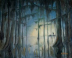 Cypress Swamp at Dawn -- A moss picker setting out at sunrise for a days work