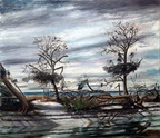 Hurricane Flossy Aftermath (SOLD Restored) -- This is probably the aftermath of Hurricane Flossy (Sept 1956) as hurricane Audrey was June 1957. Bob was married in August of 1957. The painting hung for years in Bob's sister Fay's house.This is a restore version of the original that has been color color corrected to remove yellowing due to age.