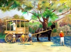 The Waffle Man Ca 1930 -- The Waffle Man Mr. Gandolini vended waffles from his wagon for many years before WWII.  They were only six for five cents during the depression of the 1930s. Children came from all around in response to his bugle call.
<a href=https://www.artbyviosca.com/piwigo/index.php/tags/437-the_waffle_man><u>Related Art</u></a>