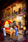 Late Nite French Quarter Dining  (SOLD) -- Late Nite French Quarter Dining  (SOLD). Lucky Dog vendor on Bourbon Street. This painting was auctioned on Channel 12 in their annual fund raiser.  It was sold for $1400, one of the highest prices obtained in the benefit show.