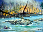 Forest Fire-Minnesota -- Painted from memory of a fire I witnessed while fishing in a canoe in the Minnesota Boundary Waters area.
