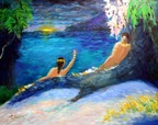 Goddesses of the Dawn and the Sun -- A fantasy showing the goddess of the dawn raising the sun from the sea for the goddess of the  sun to begin the day. I used a color scheme from a Gauguin.