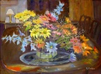 Flowers on a Silver Platter -- They were sitting there after a dinner party, so I painted them.