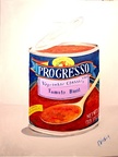 Warhol, Scmarhol (SOLD) -- A take off on Warhols famous Op Art picture of a can of Campbells Soup. I upgraded the soup to Progresso Tomato Basil and opened the pop top can showing the Mmmmm- Better contents.