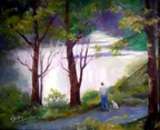 Walking the Dog -- A man walking his dog along a footpath besides a pond.