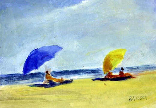 Beach Umbrellas (9732 návštev) On oil sketch at beach near Barcelona. Beach Umbrellas