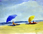 Beach Umbrellas -- On oil sketch at beach near Barcelona.