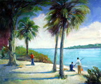 Fishing on Jupiter Inlet -- People fishing at Jupiter Inlet, Florida.  Plein aire painting with group from Armory Art Center.
