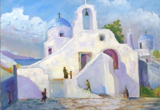 Mykonos Church (5388 visits) Painted from a sketch done there after a cruise in the Agean to various islands. I later found that ... Mykonos Church