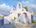Mykonos Church -- Painted from a sketch done there after a cruise in the Agean to various islands. I later found that this is from the same viewpoint as a watercolor by John Pike.  It was interesting to see the differences between my painting and  his version of the same subject done years prior.