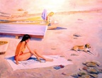 Basking with Elvis -- I couldn't resist adding a portrait of my late hound dog "Elvis" to this large Italian beach scene.