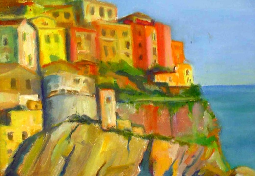Manarola-Cinque Terre (SOLD) (33967 visits) One of the five fishing villages composing Cinque Terre. Painted from the footpath across the harbor... Manarola-Cinque Terre (SOLD)