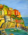 Manarola-Cinque Terre (SOLD) -- One of the five fishing villages composing Cinque Terre. Painted from the footpath across the harbor.