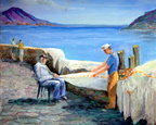 Mending Nets - Bay of Naples -- Painted plein aire overlooking the Bay of Naples.