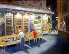 Sorrento Shoe Store (SOLD) -- Painted at night from across an alley sitting at an outdoor table with a glass of wine