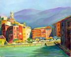 Vernazza Harbor Cinque Terre (SOLD) -- Plein aire painting of the harbor with sunlight streaming from the right.