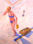 Woman with a Yellow Hat -- Painted from a poto I shot from a walkway above the beach at Verranza