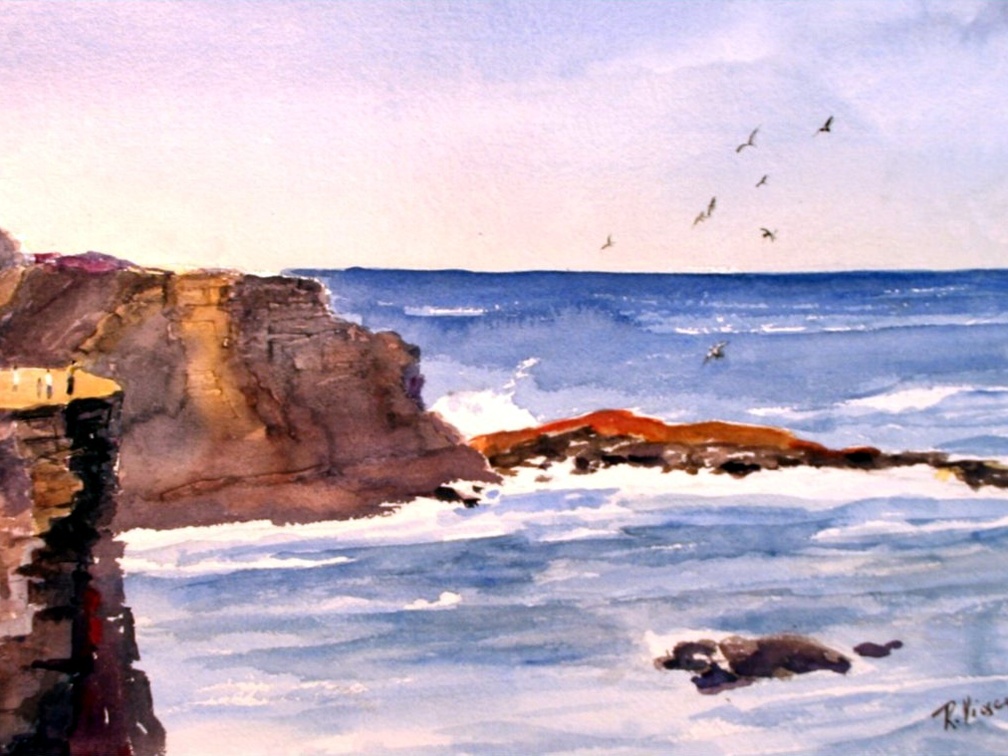 Cliffs at Kilkee, Ireland (5586 visits) A panoramic view of the cliffs showing people standing on the edge as very small in scope. Cliffs at Kilkee, Ireland