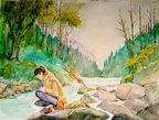 Just Looking -- A  woman loking at the water in a fast running stream below a dam.