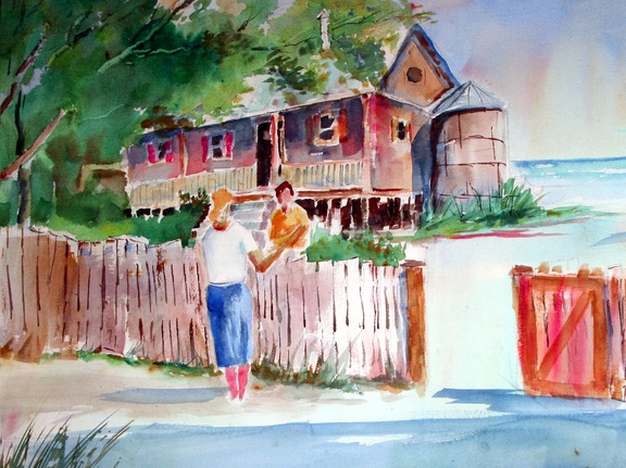 Neighbors (5870 visits) Neighbors talking over the fence at a lake. (version 1) Neighbors
