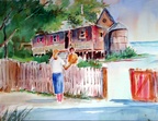 Neighbors -- Neighbors talking over the fence at a lake. (version 1)