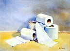 Never Out! (SOLD) -- Pile of toilet paper rolls.  Painted in a hotel room in Cleveland. This is available for sale as a numbered giclee. (SOLD OUT)