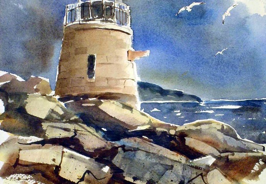 New England Lighthouse (3835 visites) Painted in a hotel room during my traveling days. One of numerous suitcase size watercolors I did ov... New England Lighthouse